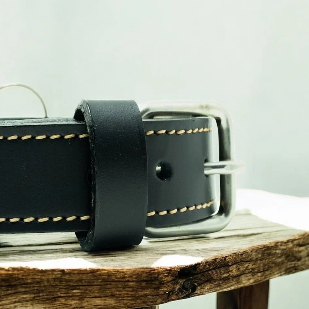 Heavy Duty Leather Black Dog Collar Genuine Leather, Durable & Adjustable Small